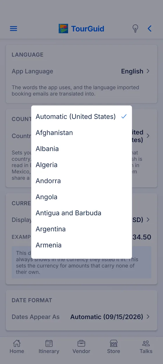 TourGuid country and currency settings.