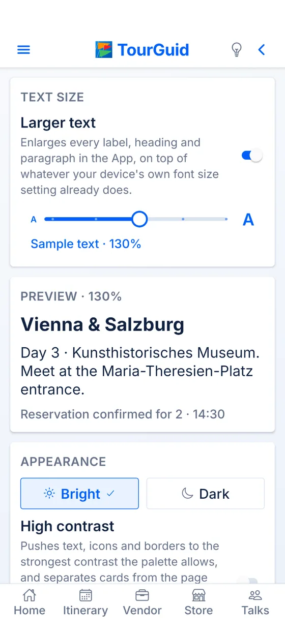 TourGuid larger text enabled at 130 percent with an itinerary preview and appearance choices.