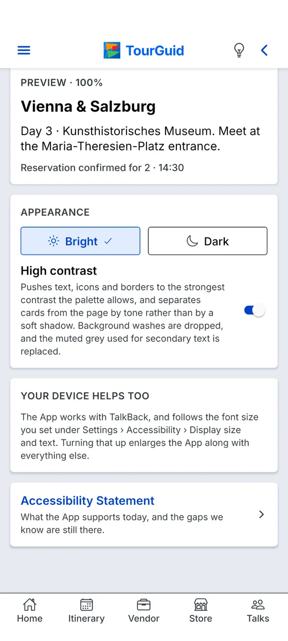 TourGuid High contrast enabled with Bright and Dark appearance controls and an accessibility statement link.