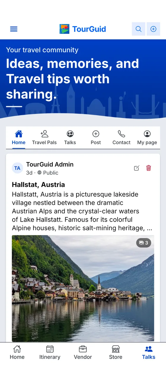 TourGuid Talk community feed featuring a Hallstatt travel post and photo.