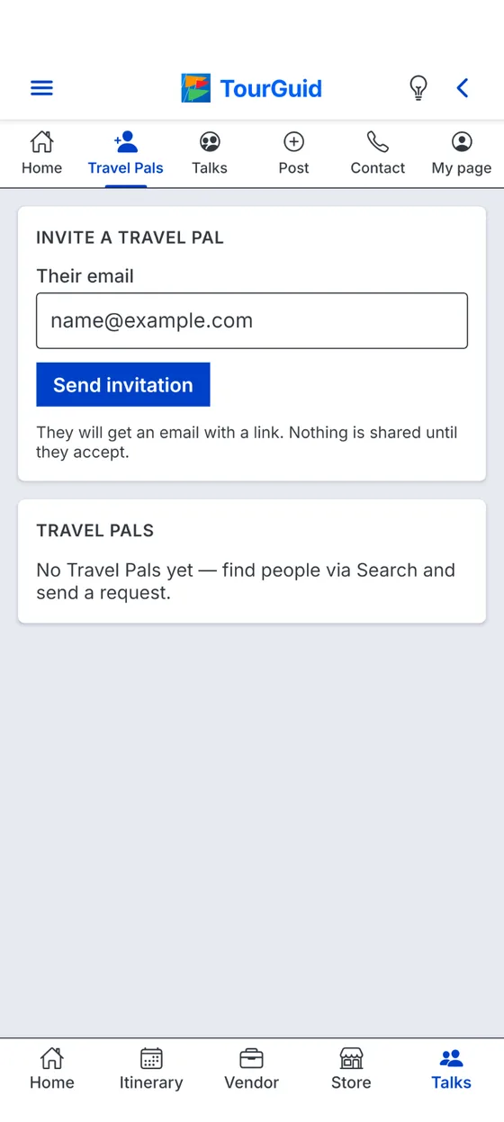 TourGuid Travel Pals invitation screen explaining that sharing begins after acceptance.