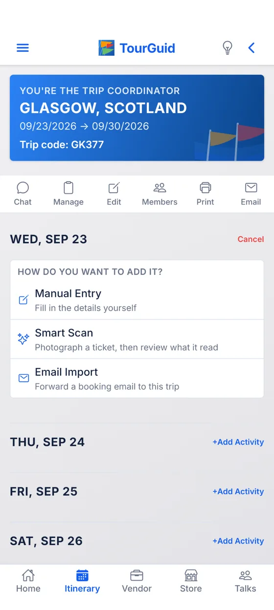 TourGuid activity choices: Manual Entry, Smart Scan and Email Import.