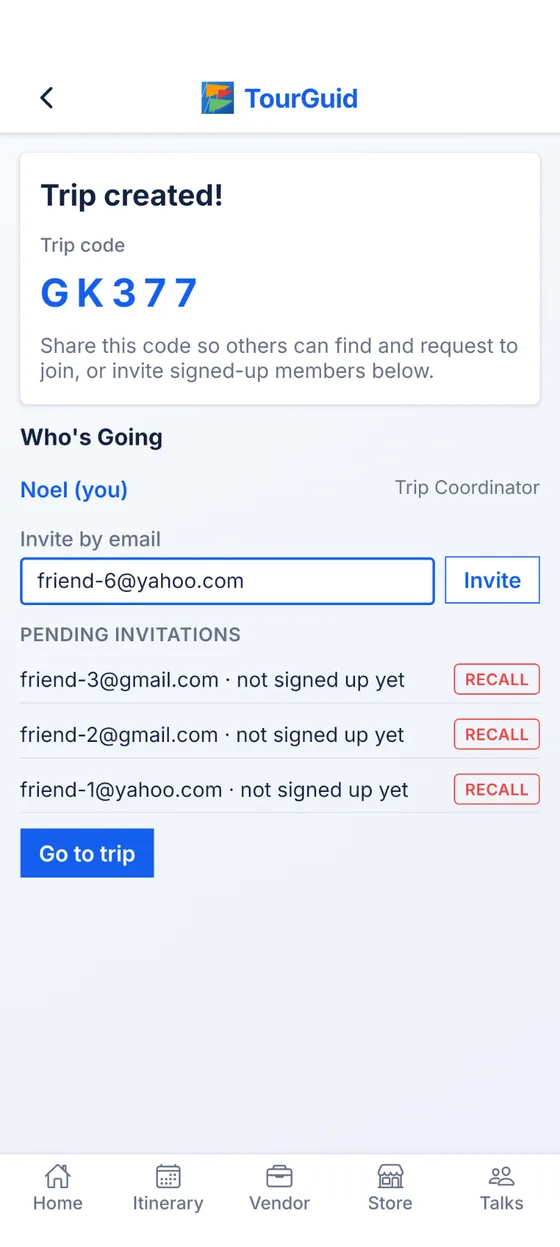 TourGuid invitation screen with a trip code and explanation of requesting to join.