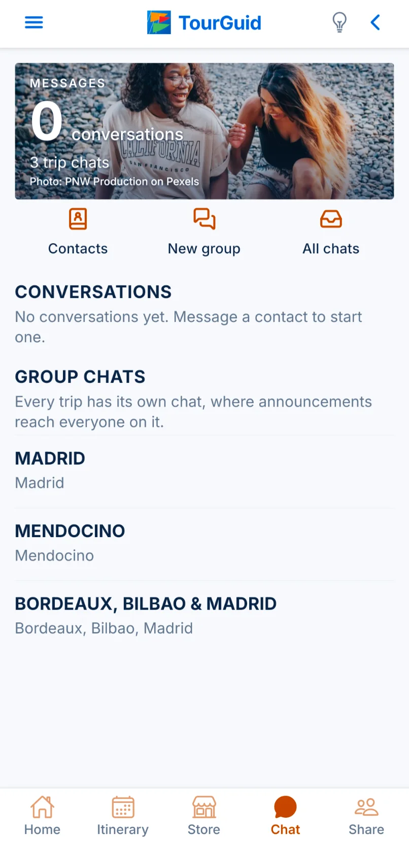 TourGuid chat screen with a group chat for each trip.