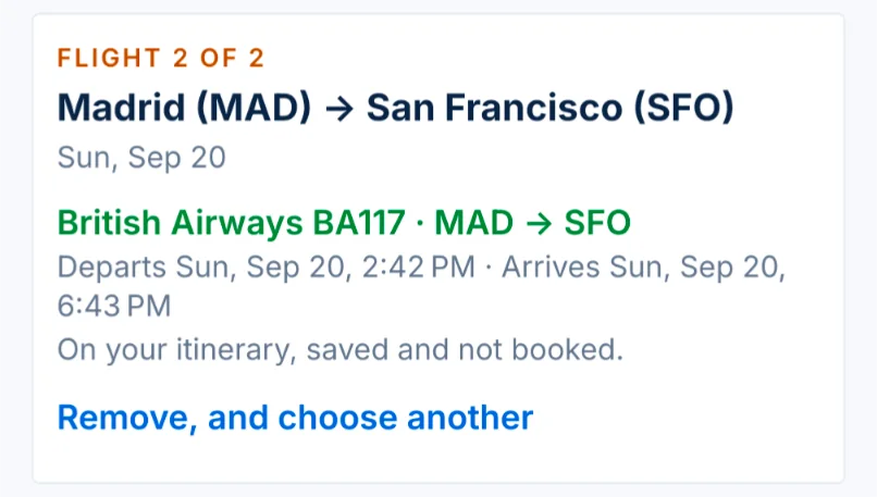 A chosen flight from Madrid to San Francisco, on the itinerary, saved and not booked.
