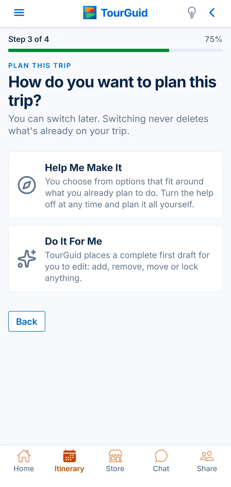TourGuid plan choice: Help Me Make It, or Do It For Me.