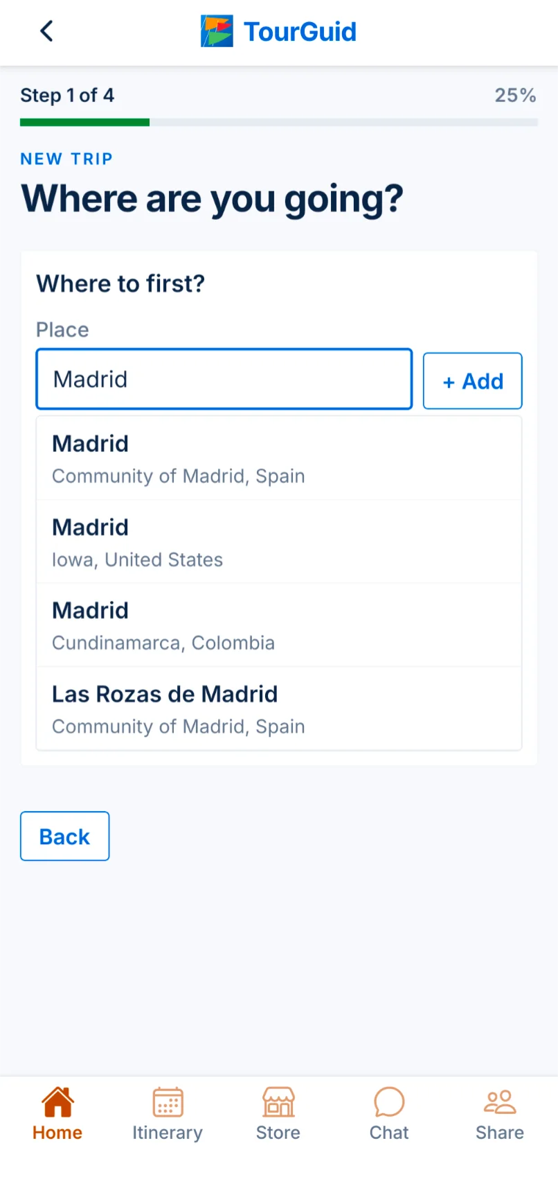TourGuid new trip screen searching for a city, showing four matches for Madrid.