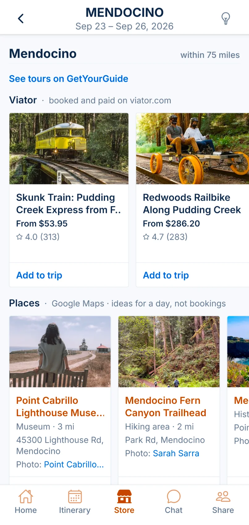 TourGuid Store listing tours and places near Mendocino.