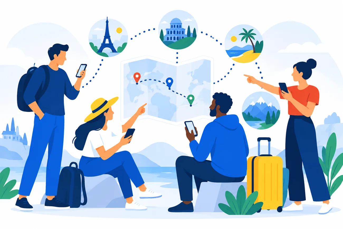 Four travelers holding phones and planning a shared journey around a route map.